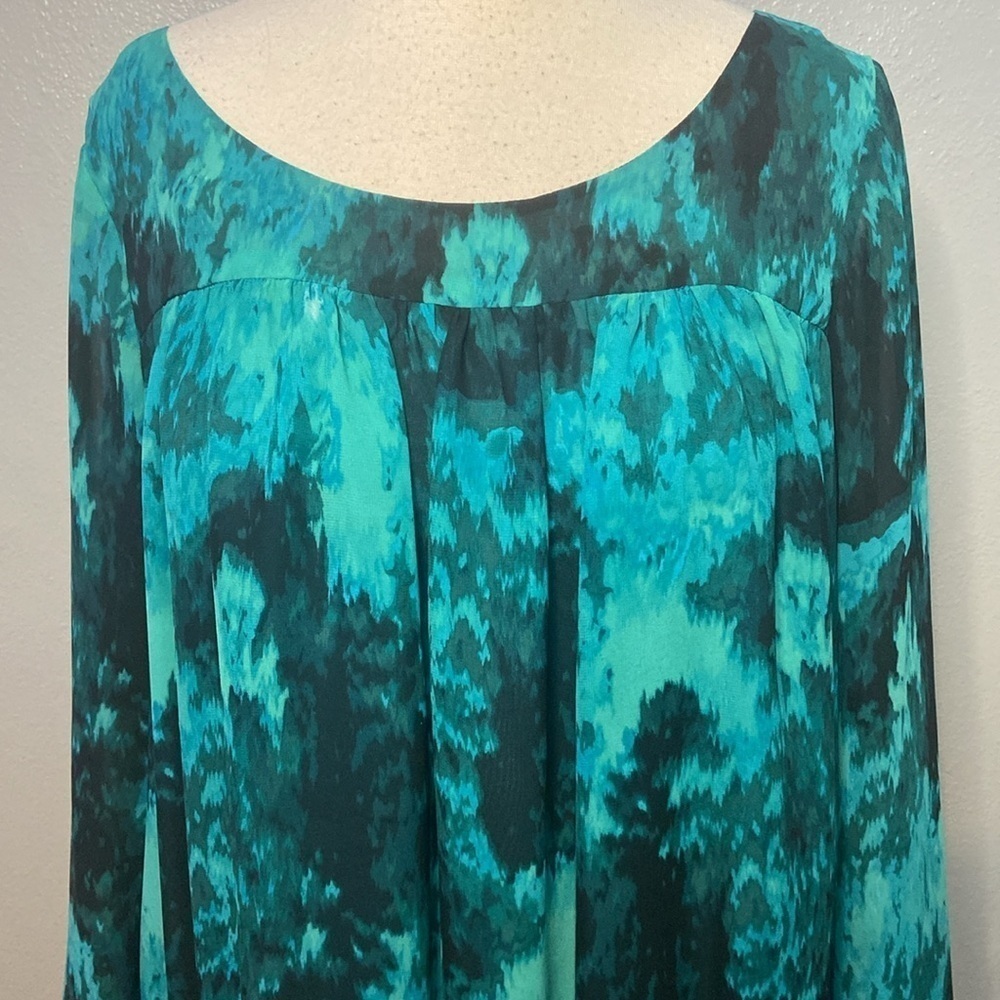 Vince Camuto Long Sleeve Blouse Pleated Front Blue Green L - Picture 2 of 8